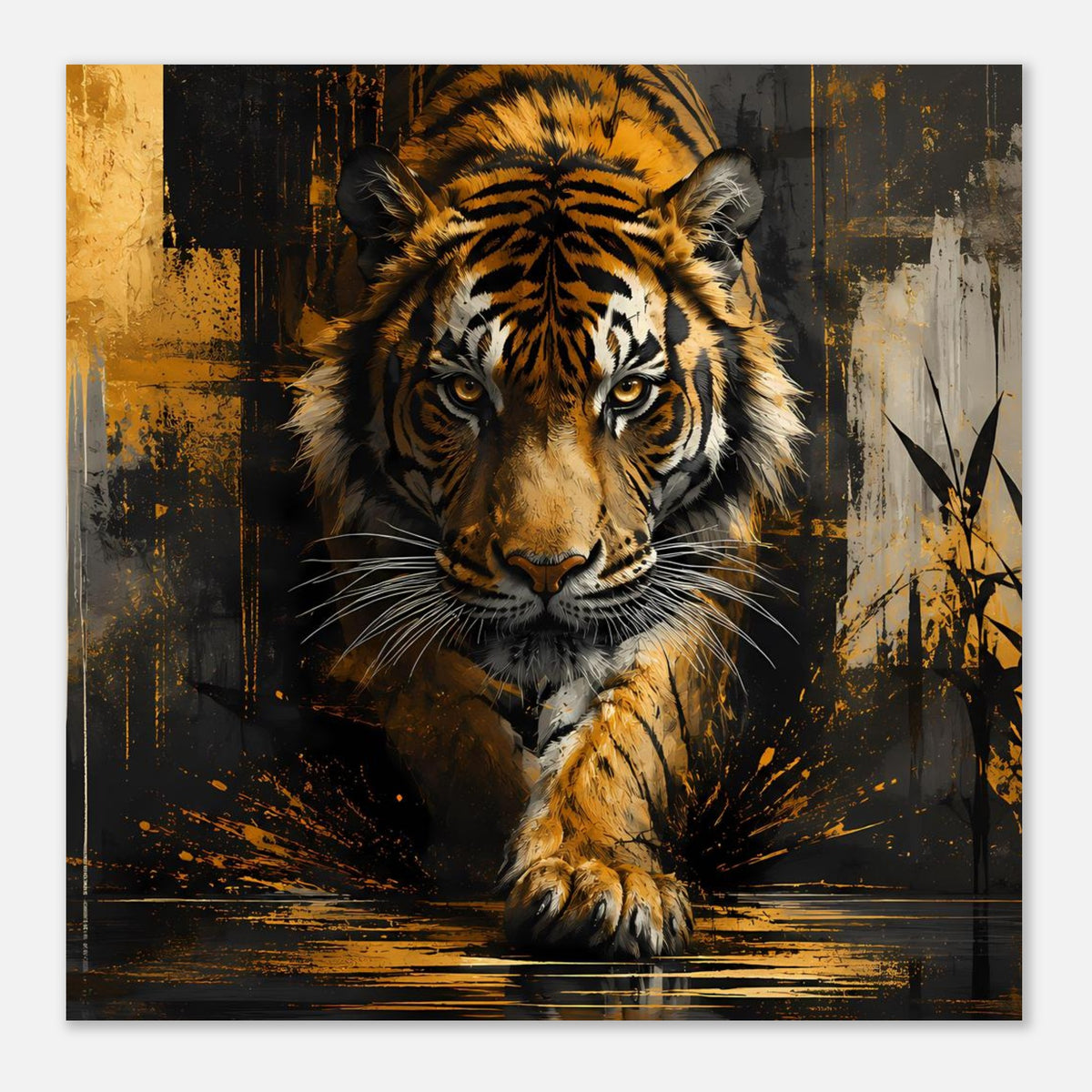 Quadratisches Poster mit Tigerporträt, goldbraunes Fell und Pfotenmotiv