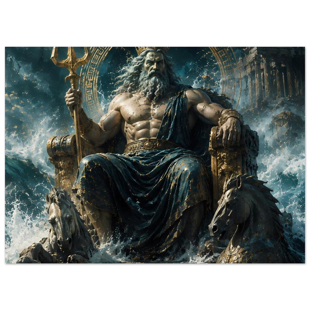 Poster, Poseidon sitzt mit Dreizack; Meerwolken, Wellen und Pferde im Vordergrund