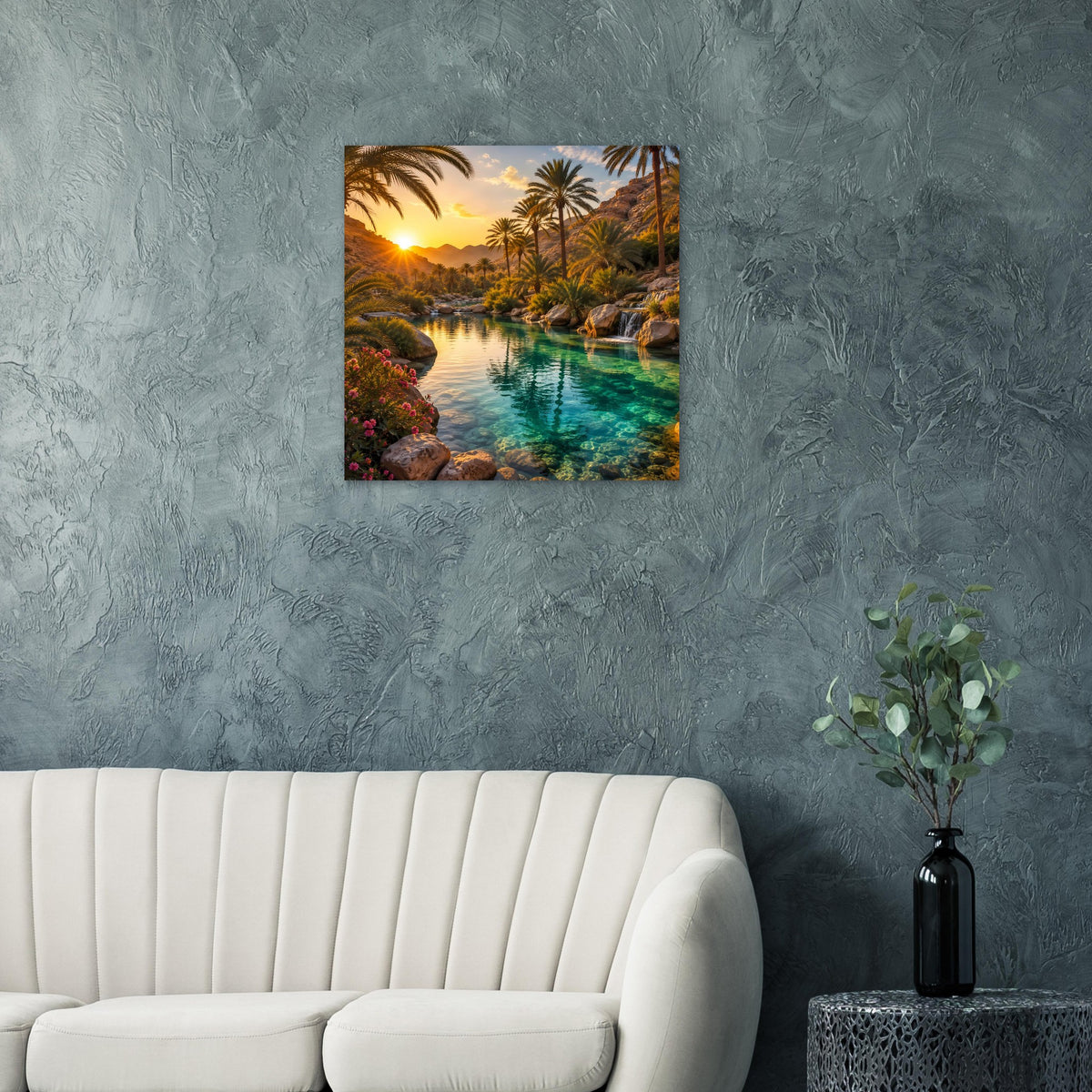 Poster im Quadratformat mit tropischer Sonnenuntergangslandschaft, Palmen und türkisfarbenem Fluss