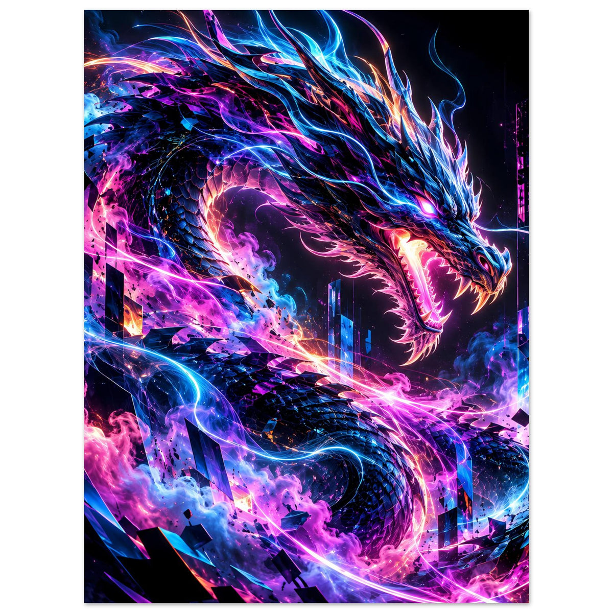 Hochformat-Poster mit Neon-Cyberdrache: violett, blau und orange leuchtende Energie, Feuerspuren