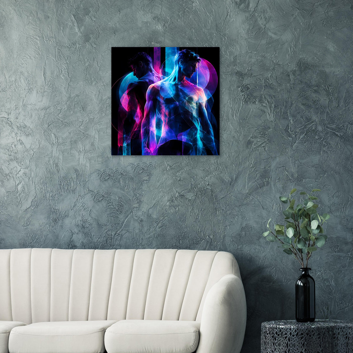 Kunstposter mit Neonkunst: zwei Figuren in Blau und Pink auf schwarzem Hintergrund, rechteckig
