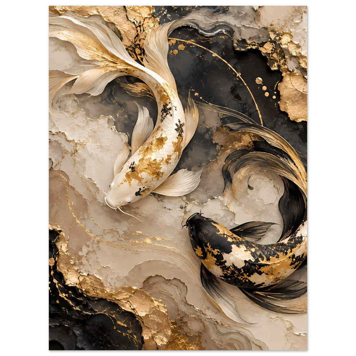 Kunstposter mit goldenen Koi-Fischen und schwarzem Wasserwirbel, auf hellem Marmormuster
