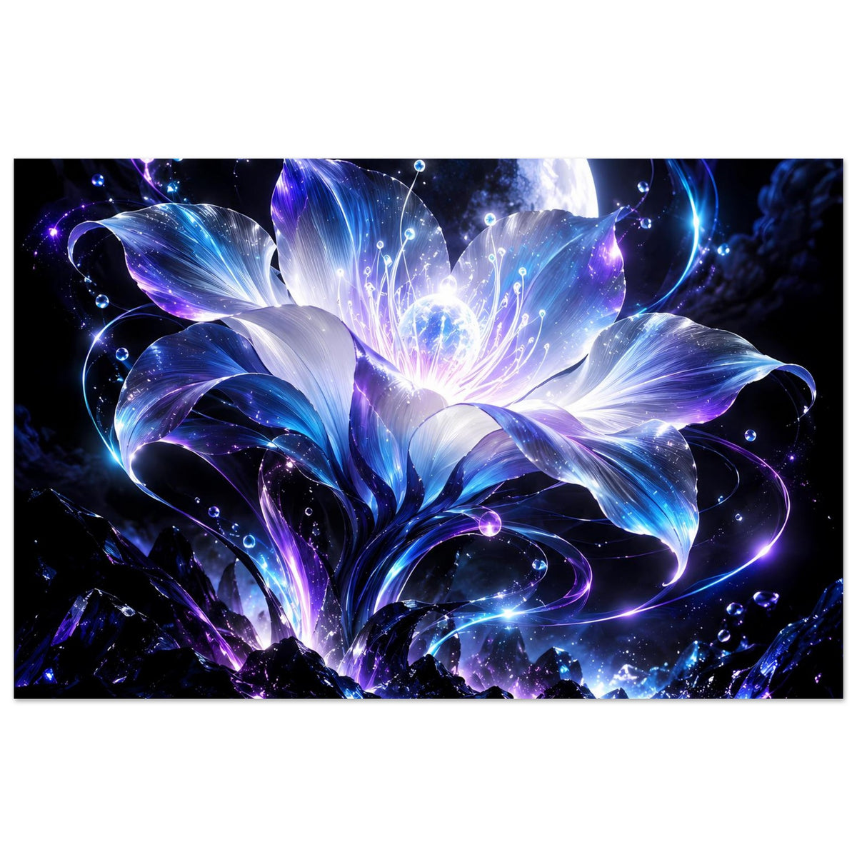 Horizontales Poster mit leuchtenden Blüten in Blau und Violett, Mondsichel im Hintergrund