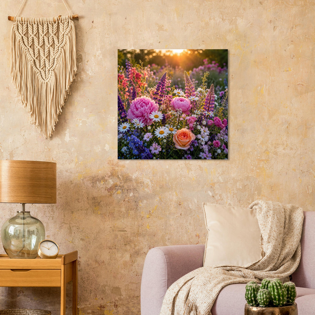 Blumenposter mit schwarzem Rahmen: rosa und orange Blüten sowie violette Waldkronen