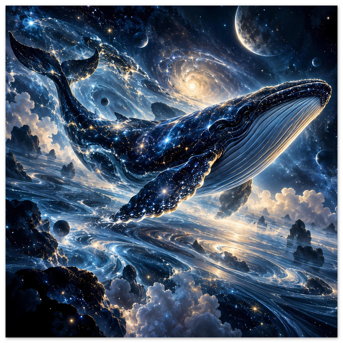 Horizontales Poster mit Wal im Weltraum, Sternenstrukturen und hellem Planetenring