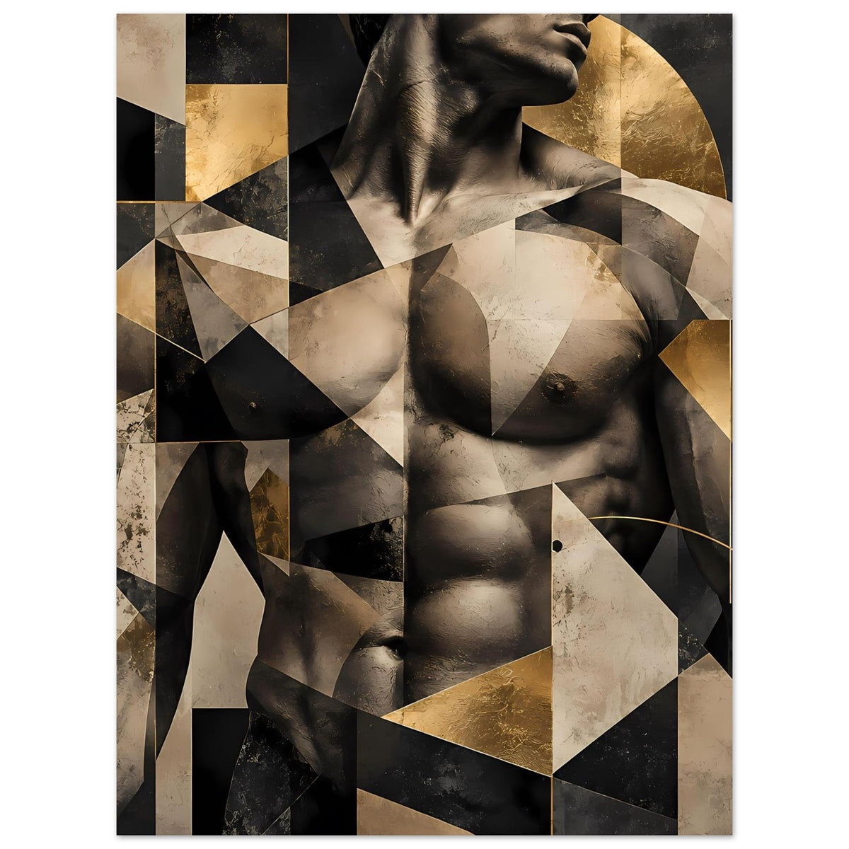 Abstraktes Aktposter mit geometrischem Collagebild in Schwarz, Beige und Gold