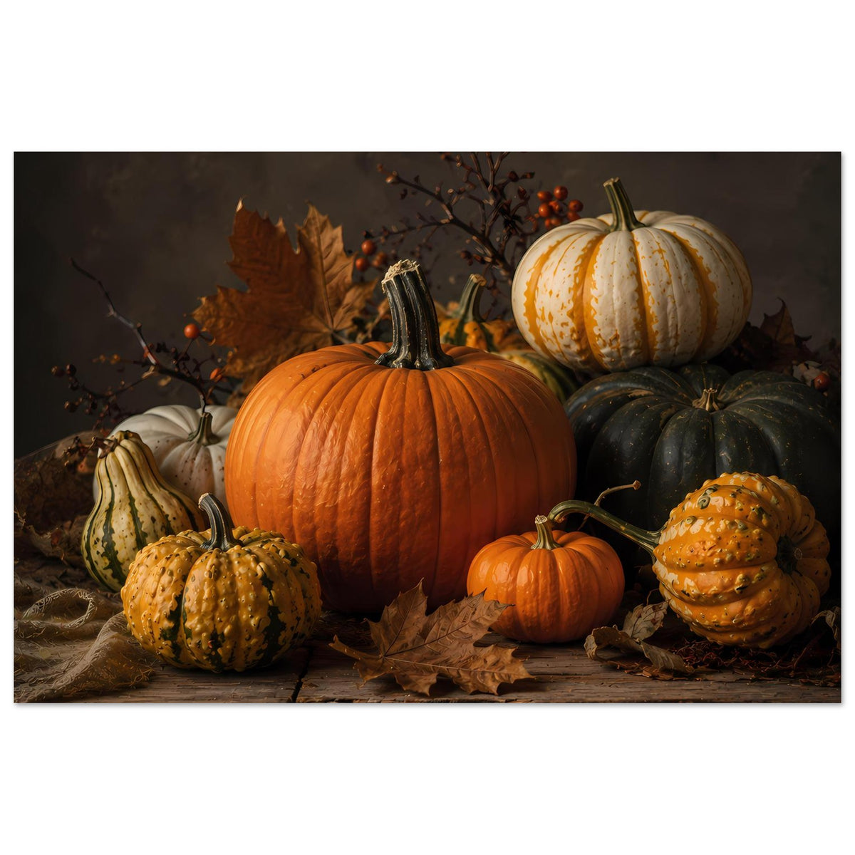 Herbstliches Kürbis-Poster mit großem orangefarbenem Kürbis, weiteren kleinen Kürbissen auf Holz