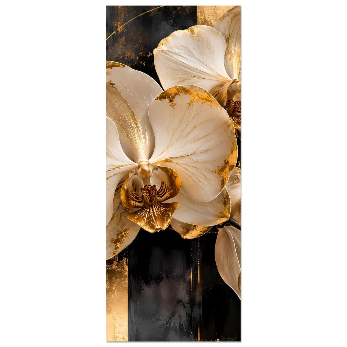 Vertikales Poster mit Nahansicht: weiße Orchidee und goldene Blütenmitte