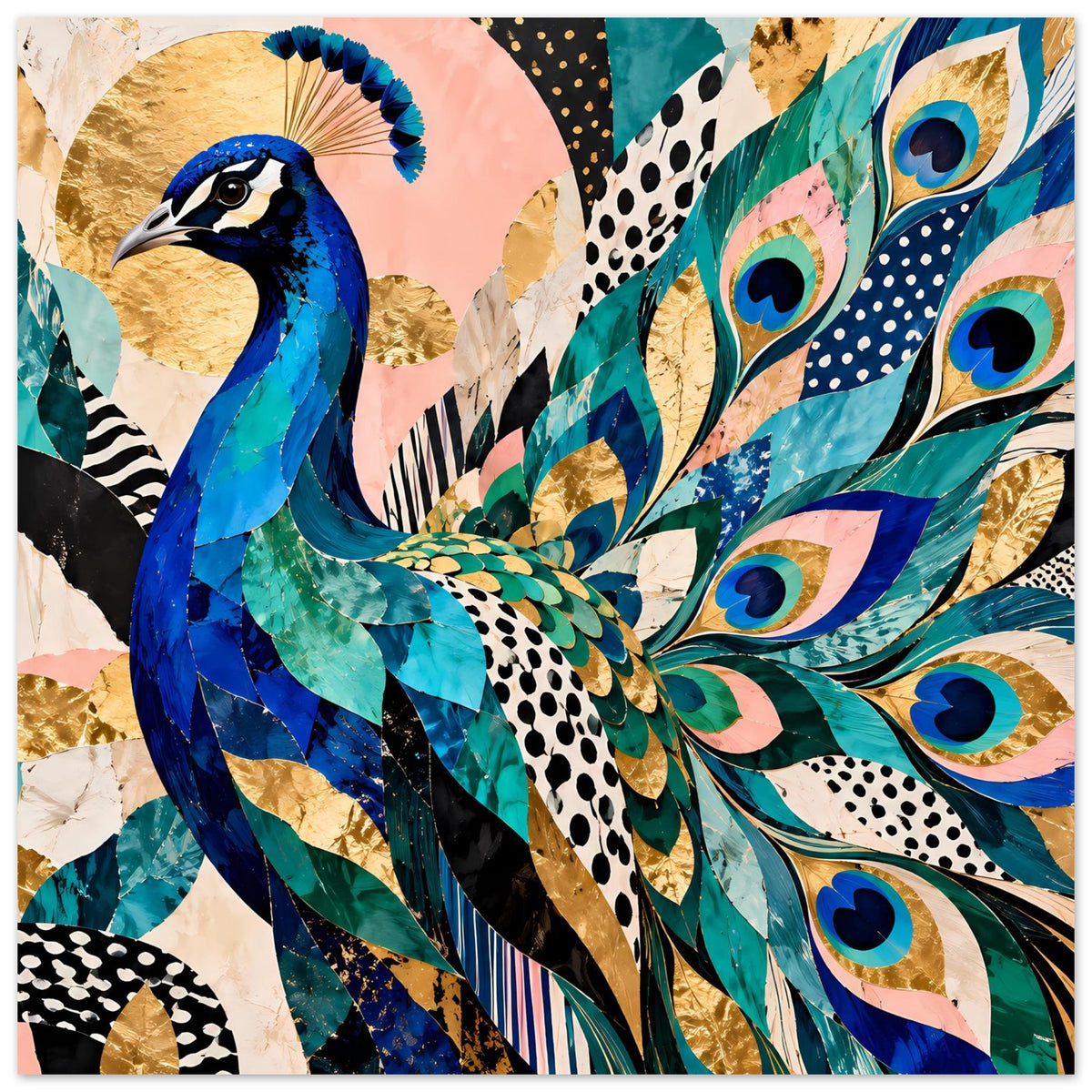 Kunstposter mit Pfau-Motiv in Blau und Türkis, goldene Akzente und bunte Pfauenfedern.