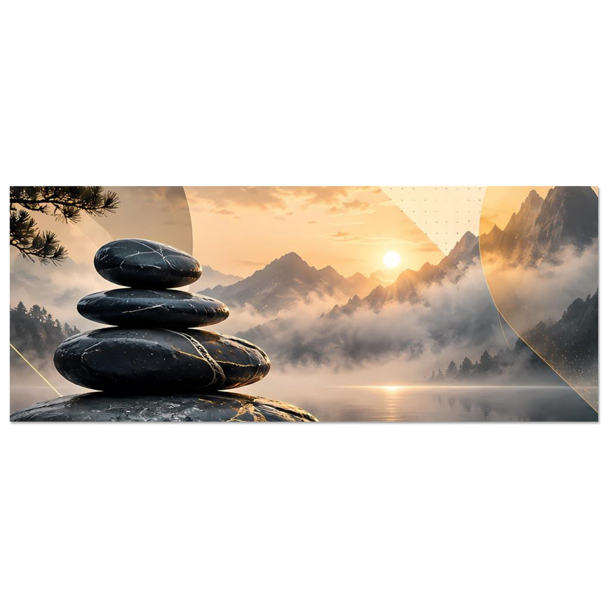 Poster im Querformat mit Zen-Steinen, Bergen, Sonnenaufgang und Spiegelung im Wasser
