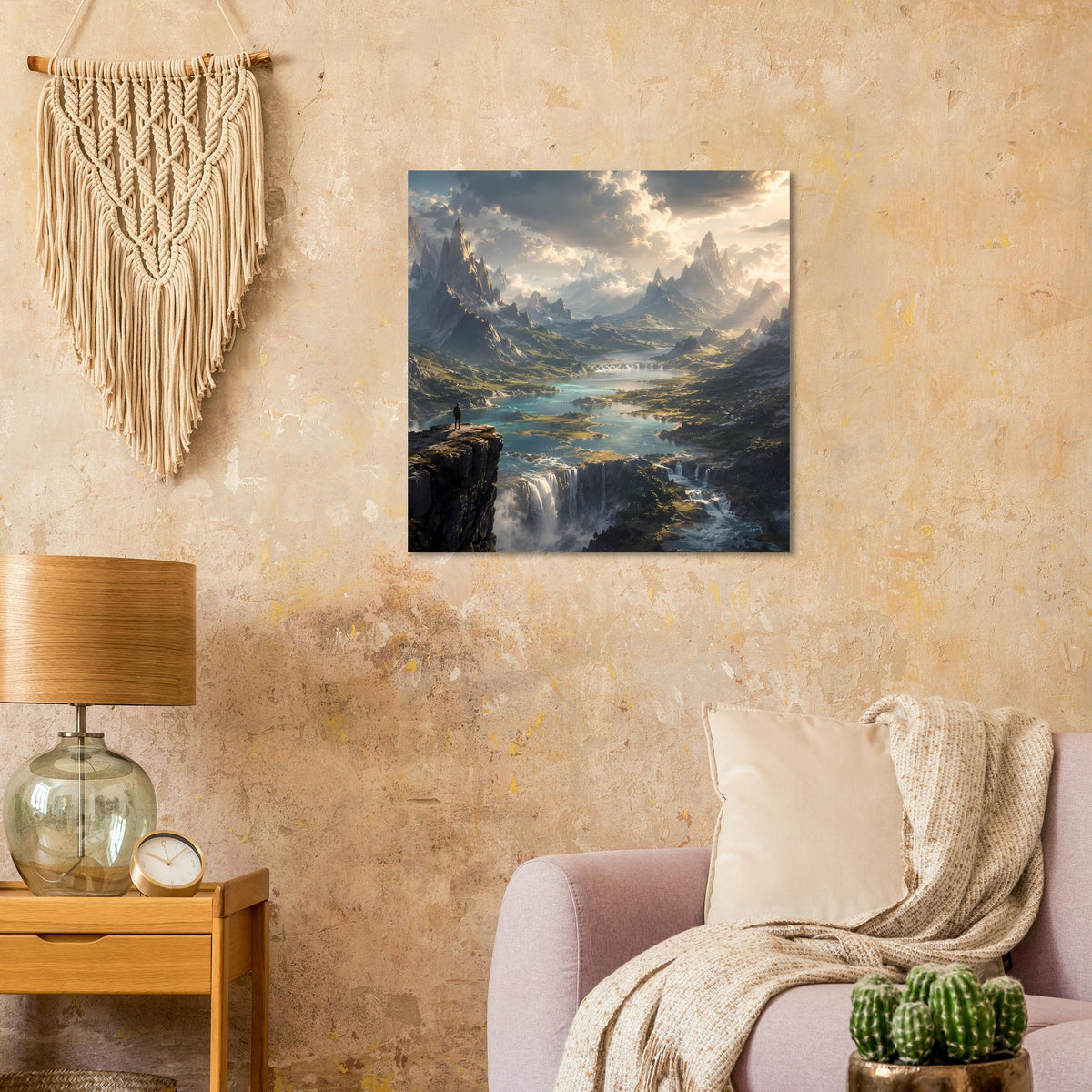 Quadratisches Poster mit Bergsee, Wasserfall und Fluss in warmem Sonnenlicht, schwarzer Rahmen