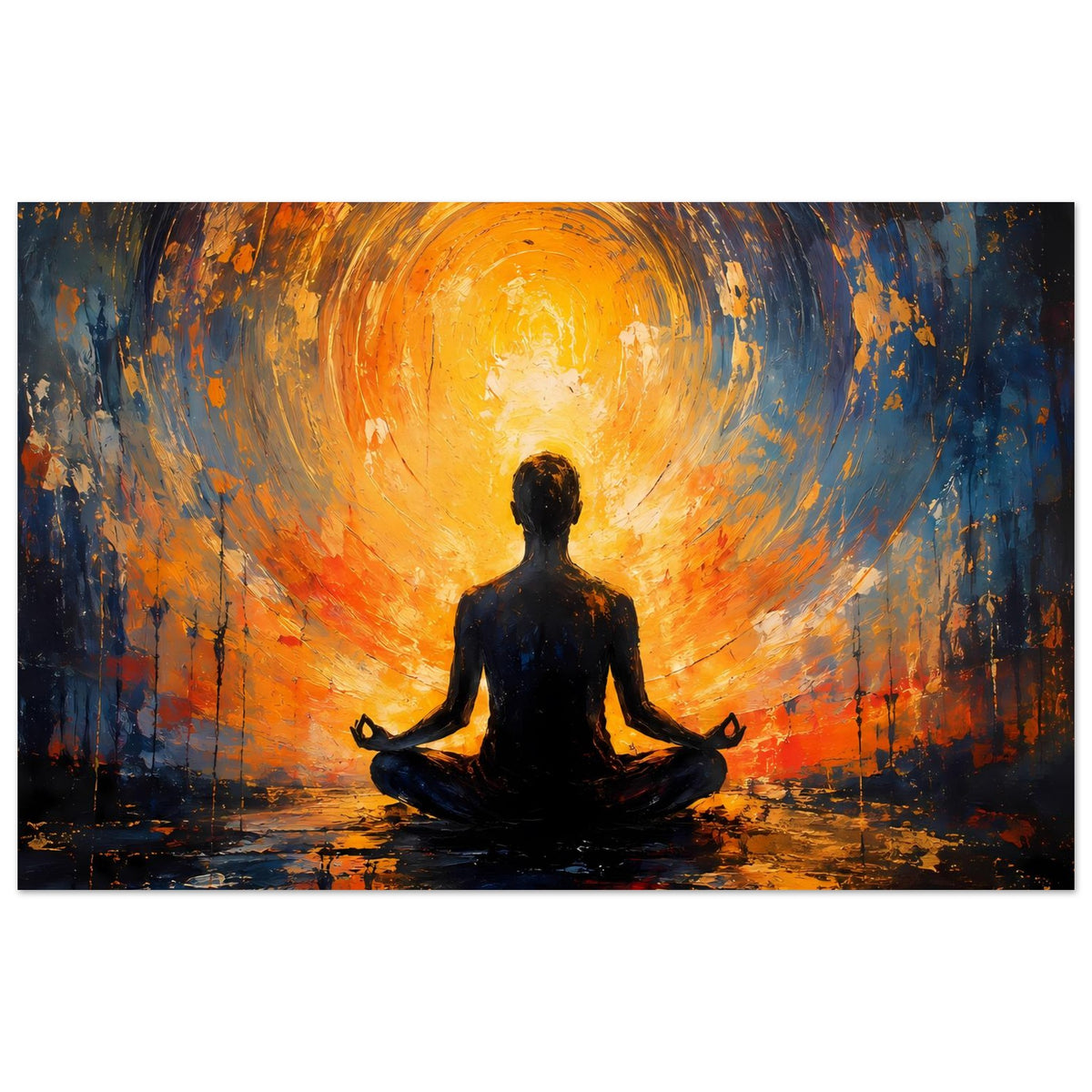 Abstraktes Poster: Meditierende Silhouette im Kreis des Sonnenaufgangs, Orange und Blau