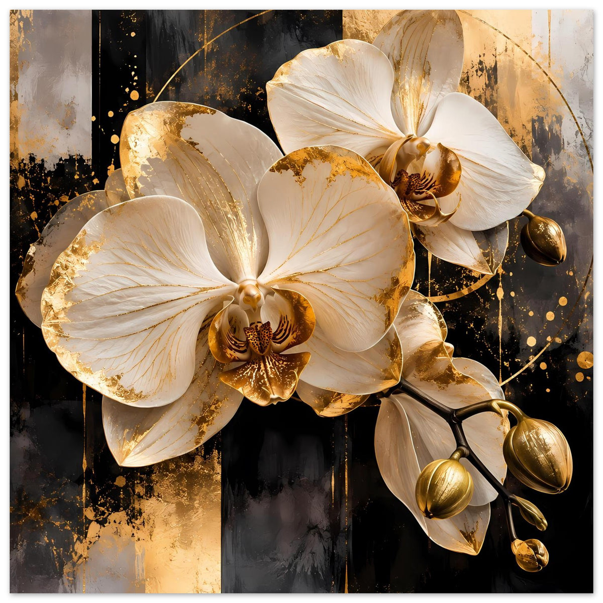 Poster mit weißen Orchideenblüten, goldenen Highlights und gebogenen Stängeln