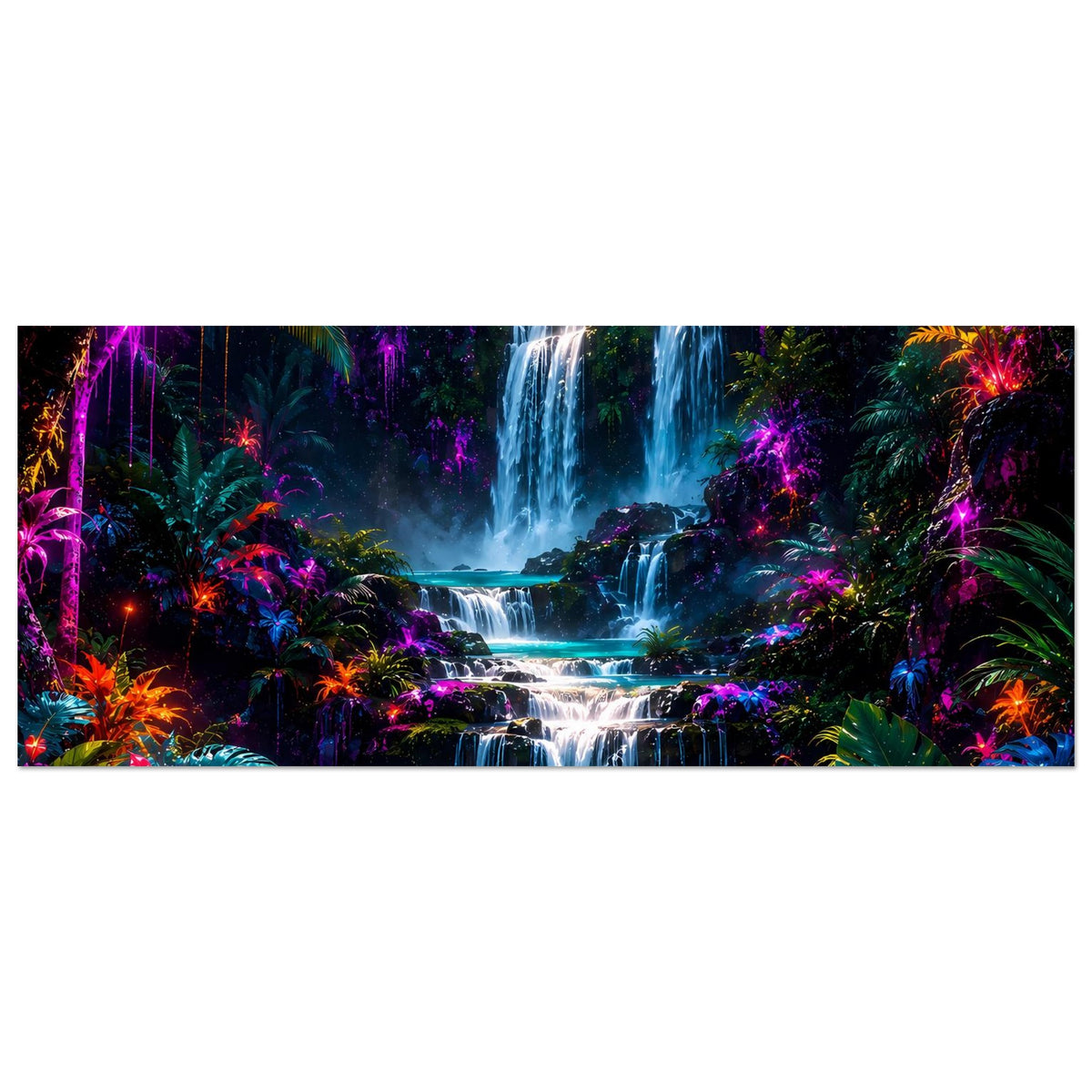 Neonfarbenes Poster (Querformat) mit Wasserfall und tropischem Blattwerk, stark leuchtende Farben