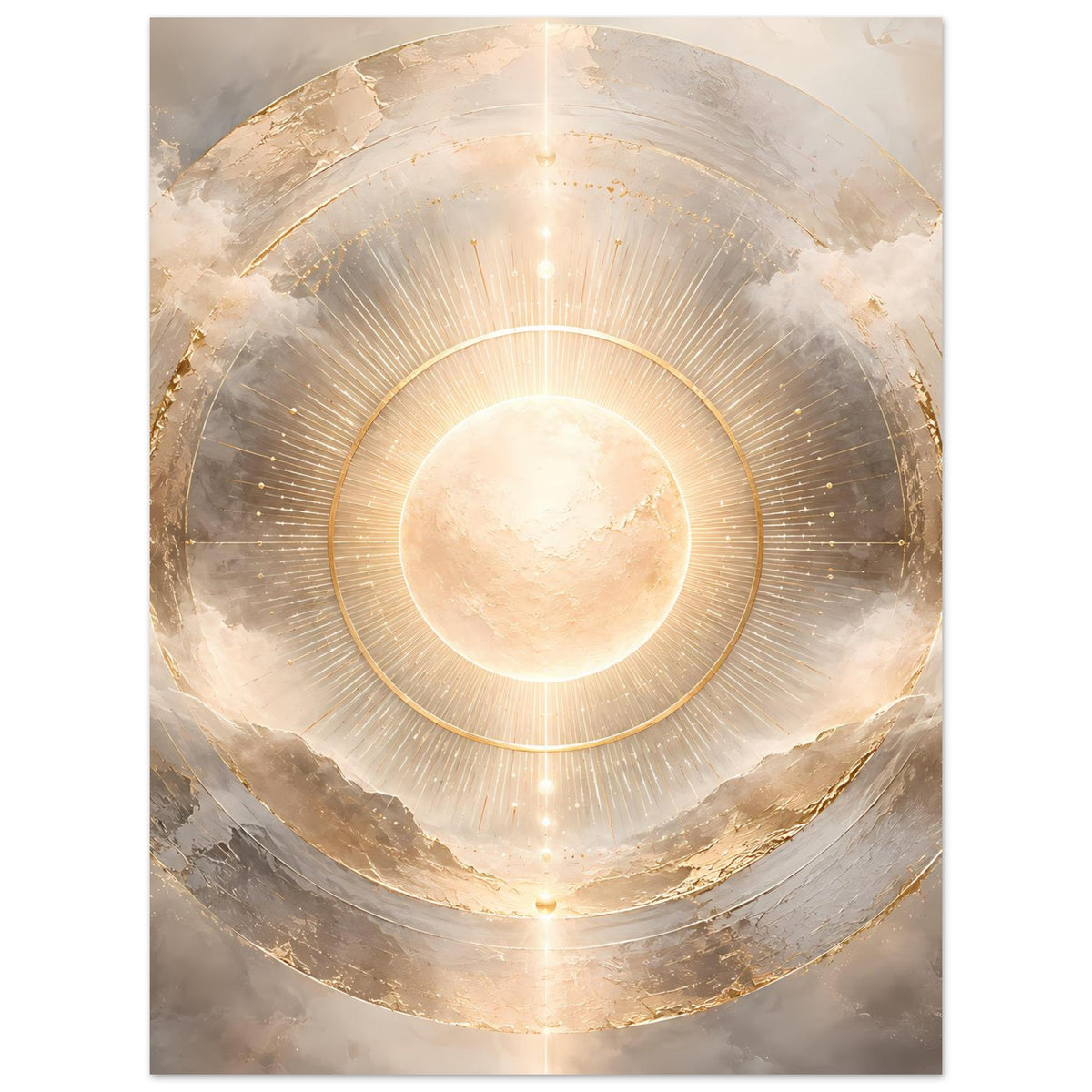 Kosmos-Poster: strahlende Sonne mit goldenen Ringen und Lichtspeichen, rundes Motiv
