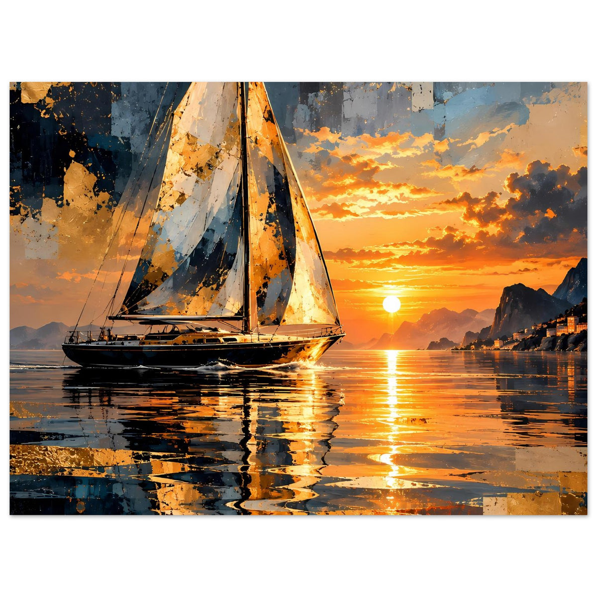 Segelboot-Sonnenuntergang Poster, vertikal: Segelbootsegel in Beige, Blau und Orange