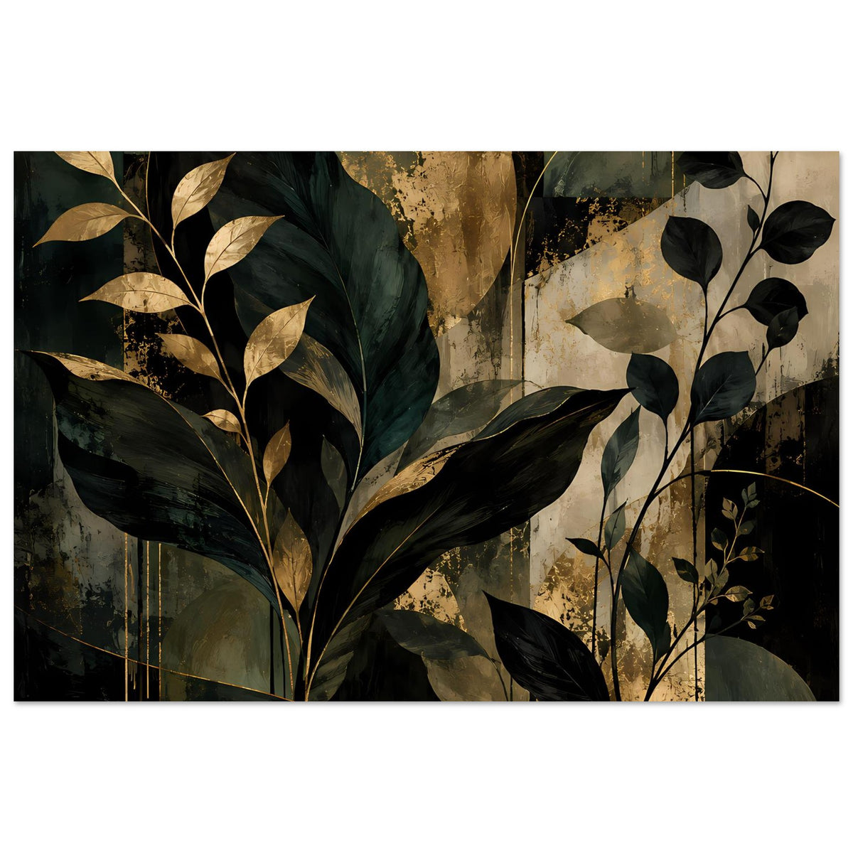 Kunstposter mit botanischer Grafik, dunkelgrüne Blätter und goldene Akzente im Hintergrund