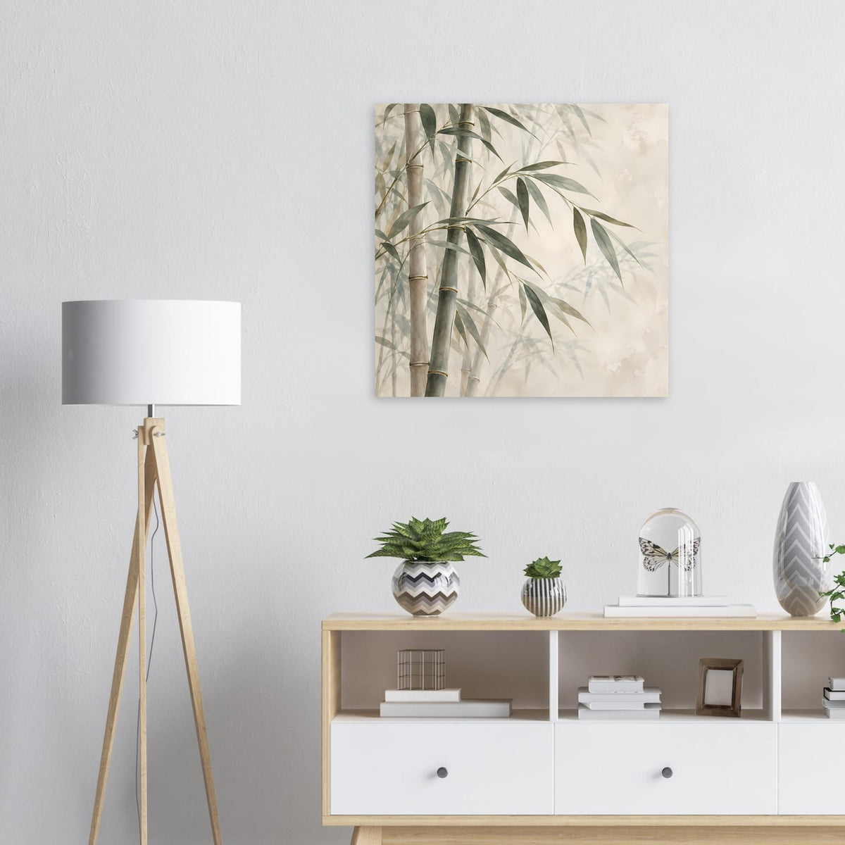 Wandposter mit Bambuszweigen und zarten Blättern, helles Beige mit gedämpftem Grün