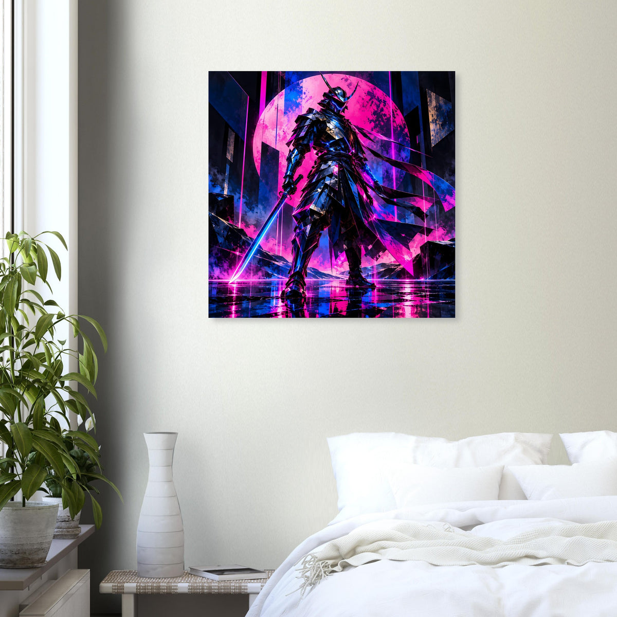 Cyberpunk-Poster mit stehender Samurai-Figur, Neon-Pink und Blau, abstraktem Kreisportal