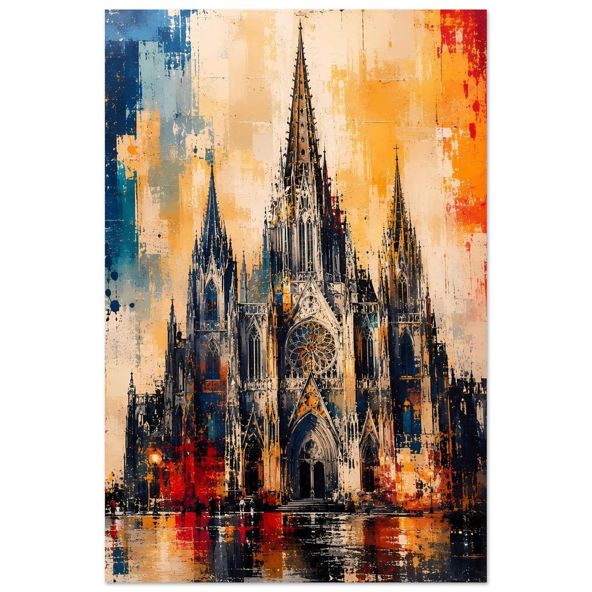 Poster mit gotischer Kathedrale, zentrale Giebelzone und Türme, kontrastreiche Farbflecken in Blau und Rot
