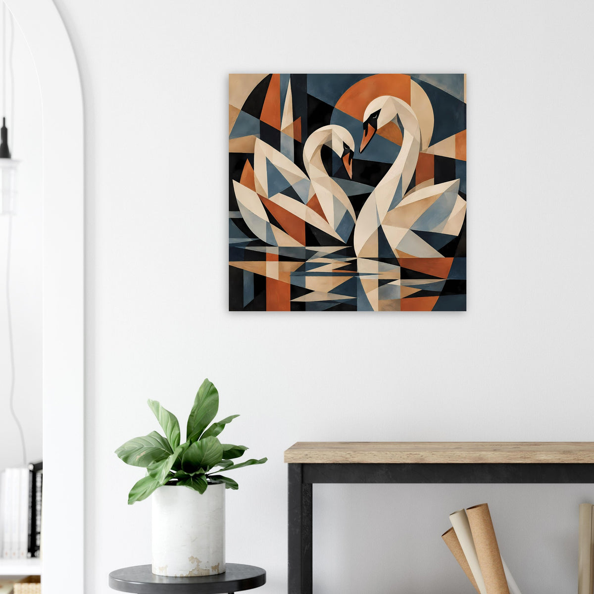 Kubistisches Schwanen-Poster mit kubistischer Schwanform in Creme, Blau, Schwarz und Orange