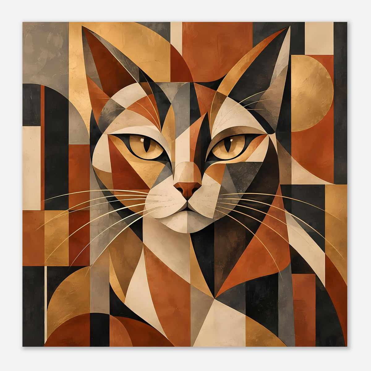 Geometrisches Katzenporträt-Poster, horizontal, mittig zugeschnittenes Katzengesicht in Braun