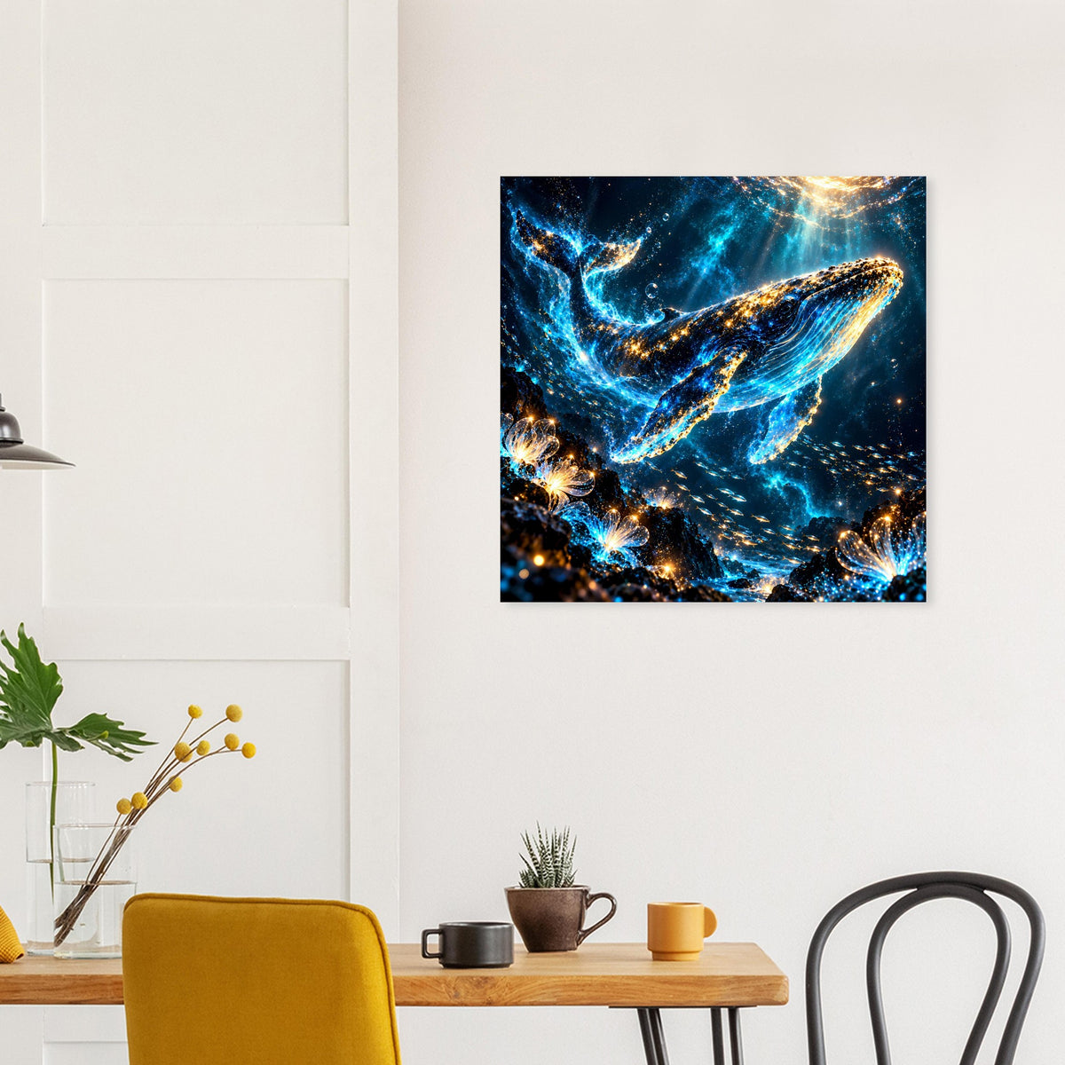 Poster mit Walmeer-Motiv in Blau und Gold: goldene Funken entlang des Wals