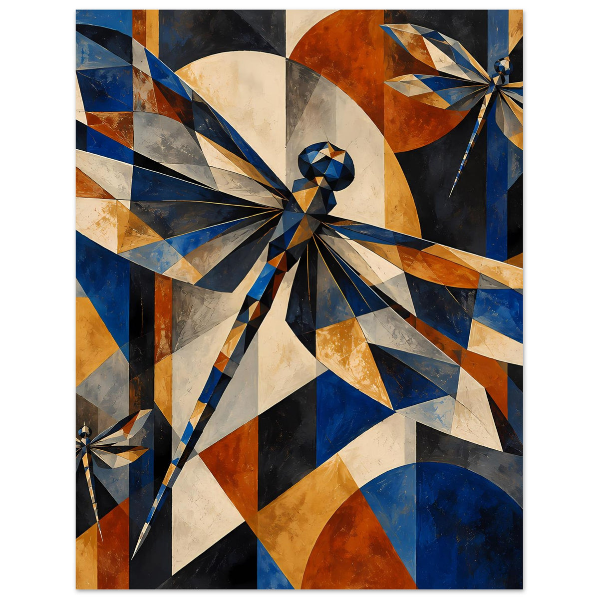 Kunstposter mit geometrischen Libellen, Blau- und Kupfertönen, sternförmige Dreiecke