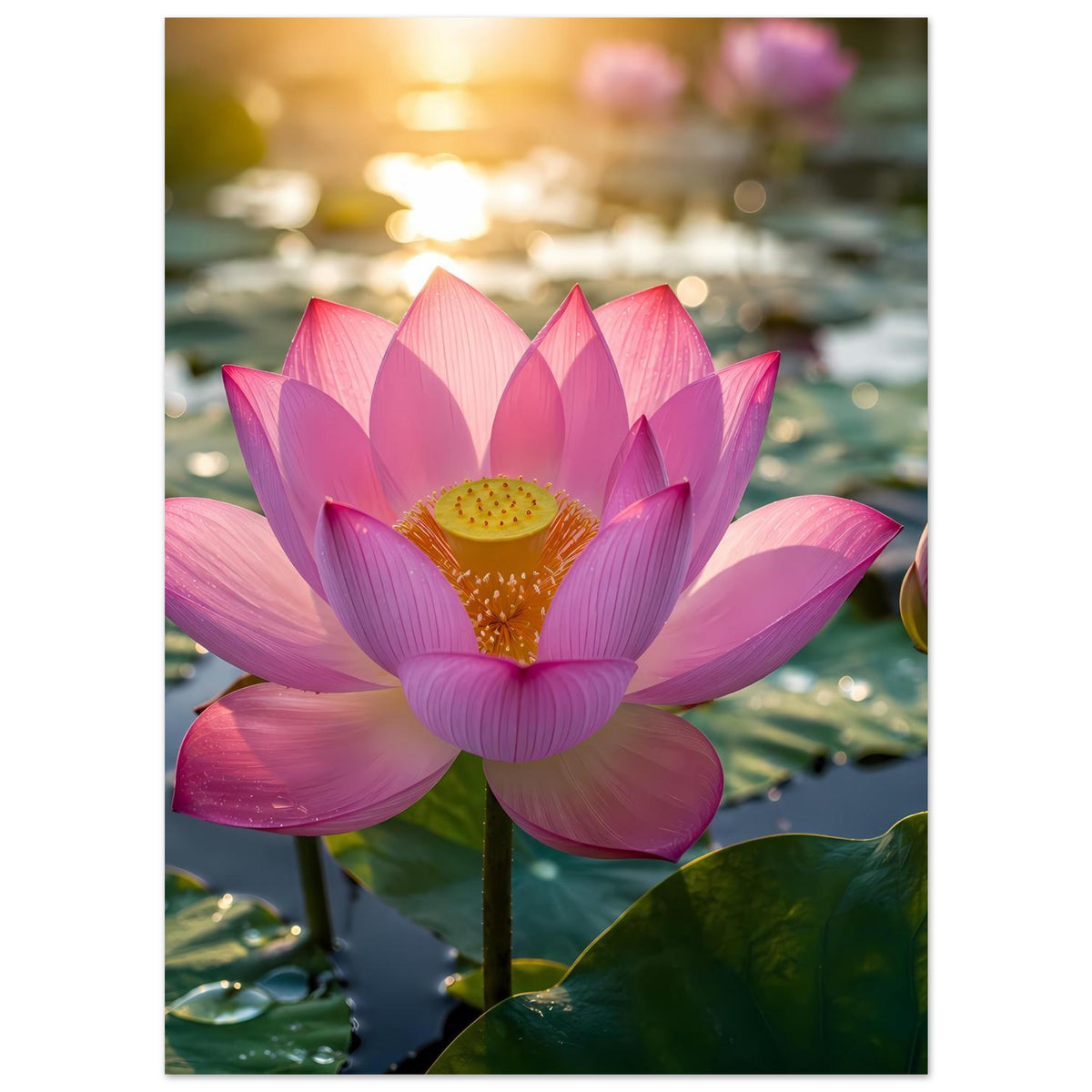 Lotusblüten-Poster: zentrische pinke Lotusblüte mit orangegelbem Staubfaden-Zentrum