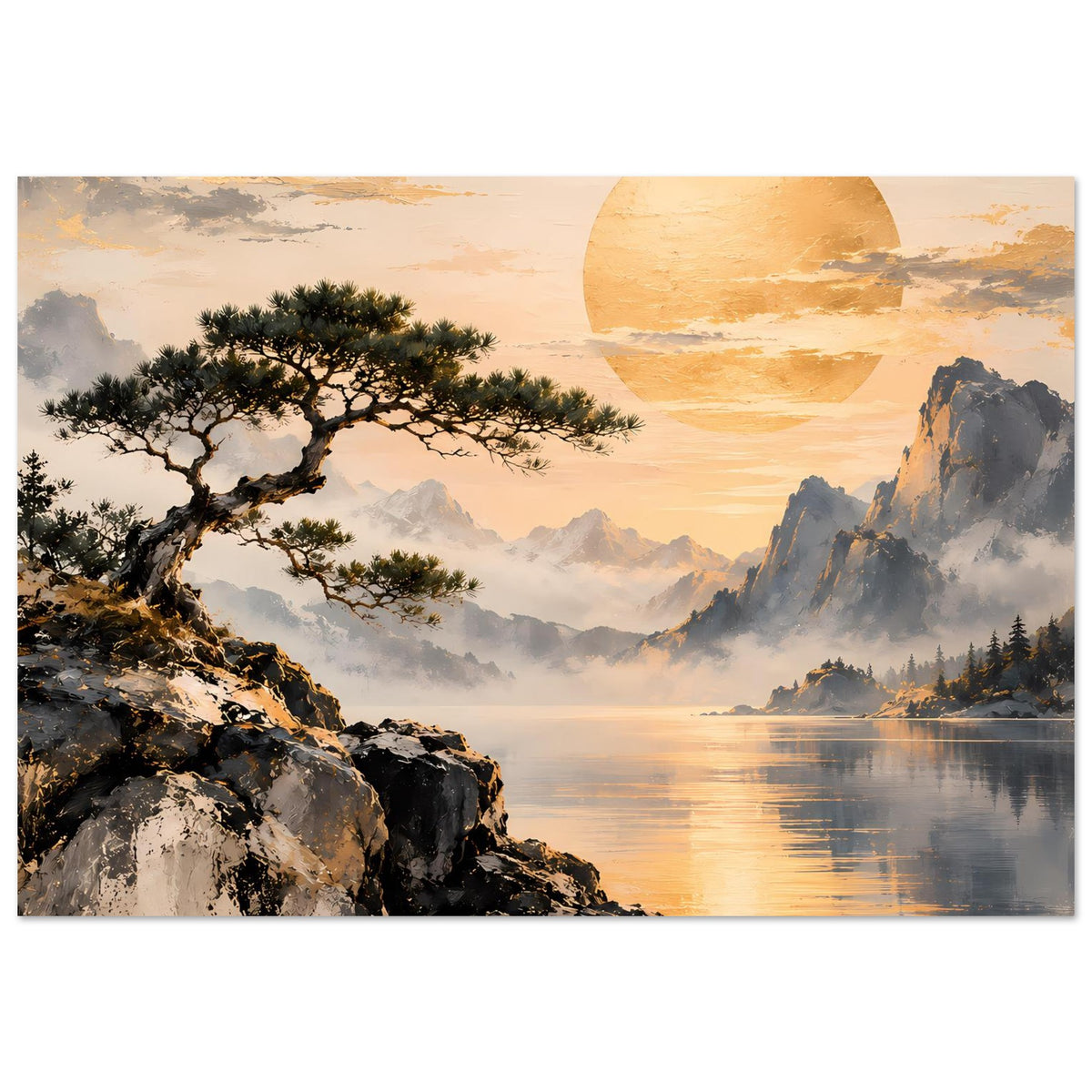 Landschaftsposter mit goldenem Sonnenhalbkreis, Bergkulisse, Seeoberfläche und Baum auf Felsen