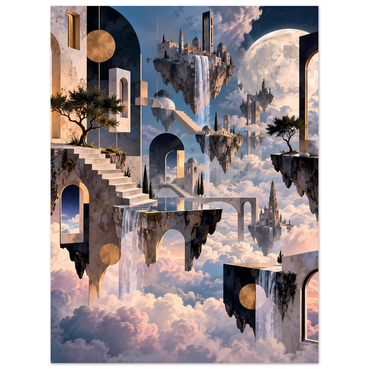 Poster mit schwebenden Inseln und Traumarchitektur, Treppe links, Mondsichel rechts über Wolken