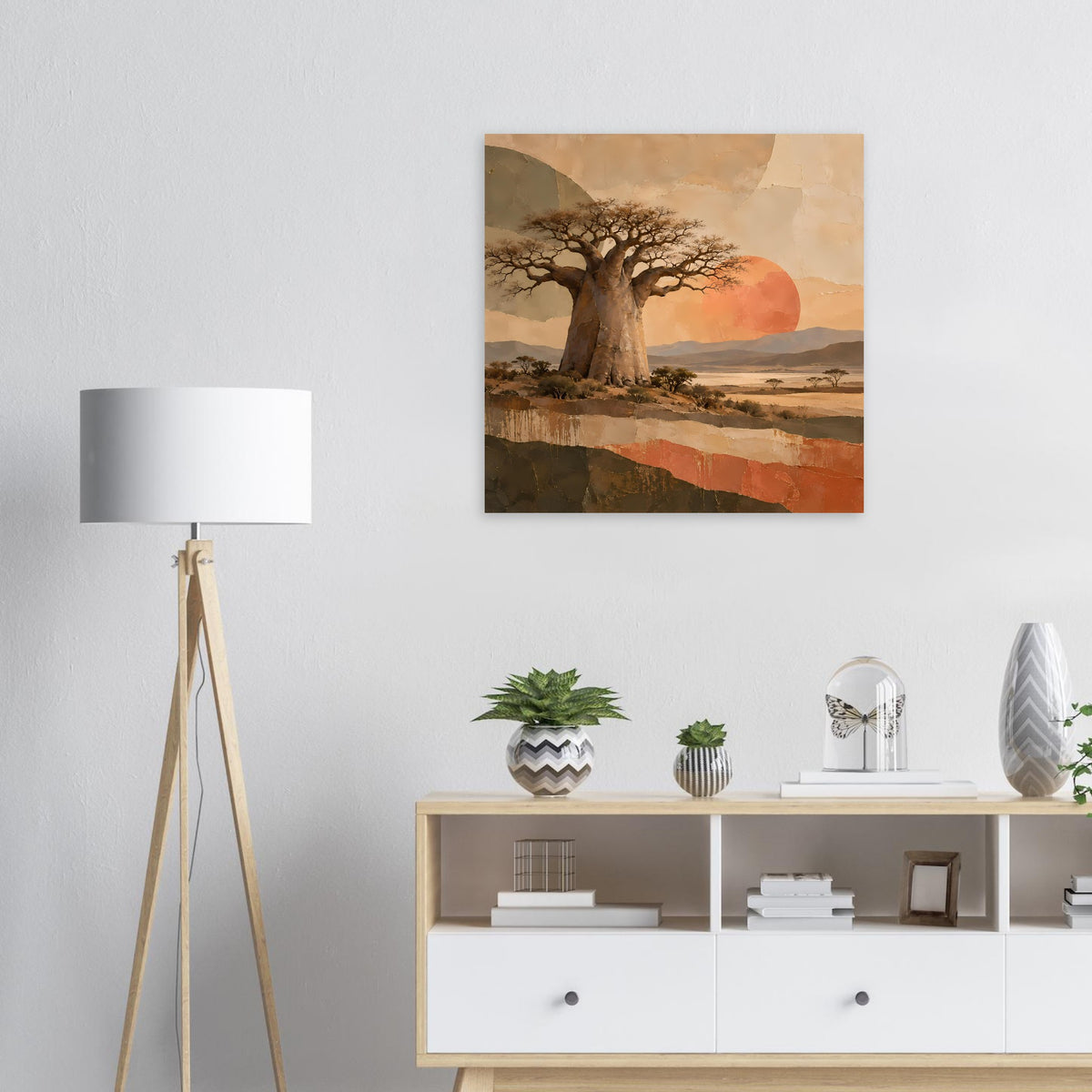Quadratisches Naturposter mit Baobabbaum in afrikanischer Landschaft bei Sonnenuntergang