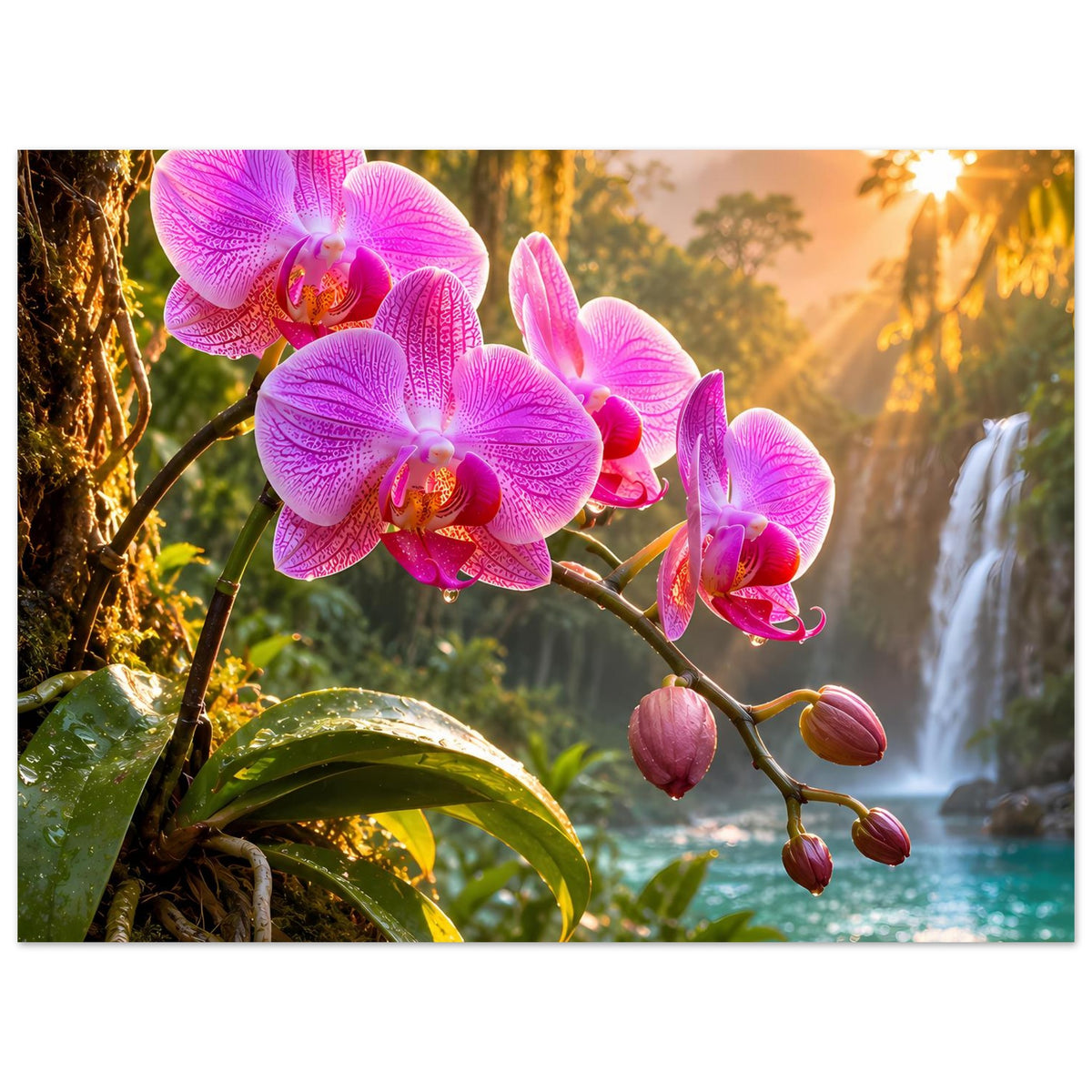 Poster im Querformat mit pinken Orchideenblüten, Ast und tropischer Kulisse