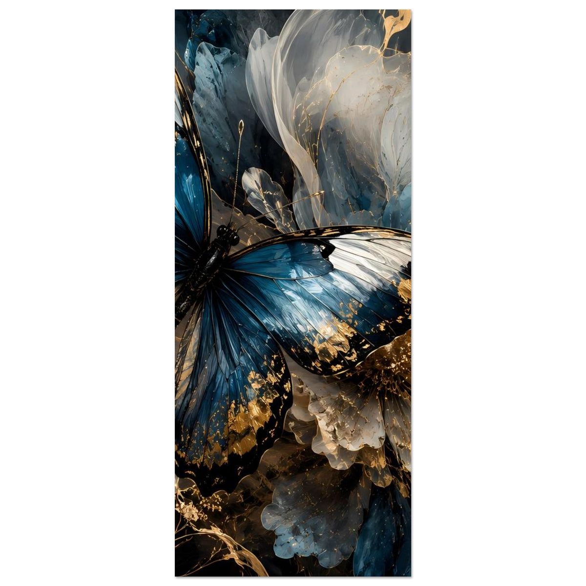 Vertikales Premium-Poster mit Schmetterling: blaue Flügel, weiße Federoptik, goldene Akzente