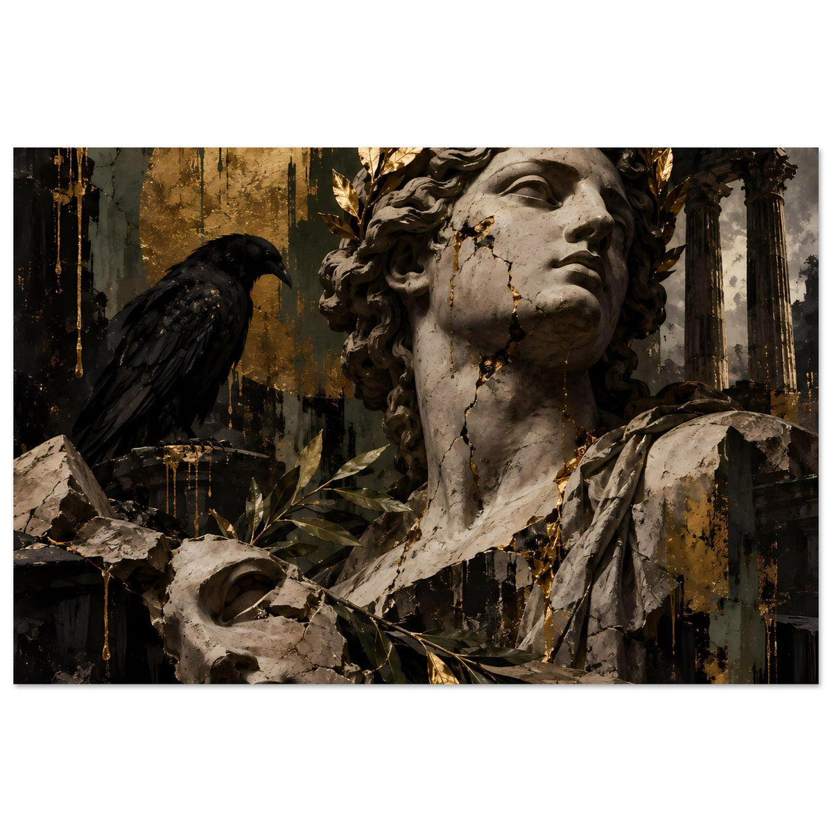 Barockes Poster mit Porträtstatue, schwarzer Rabe, goldfarbene Feder- und Blattdetails