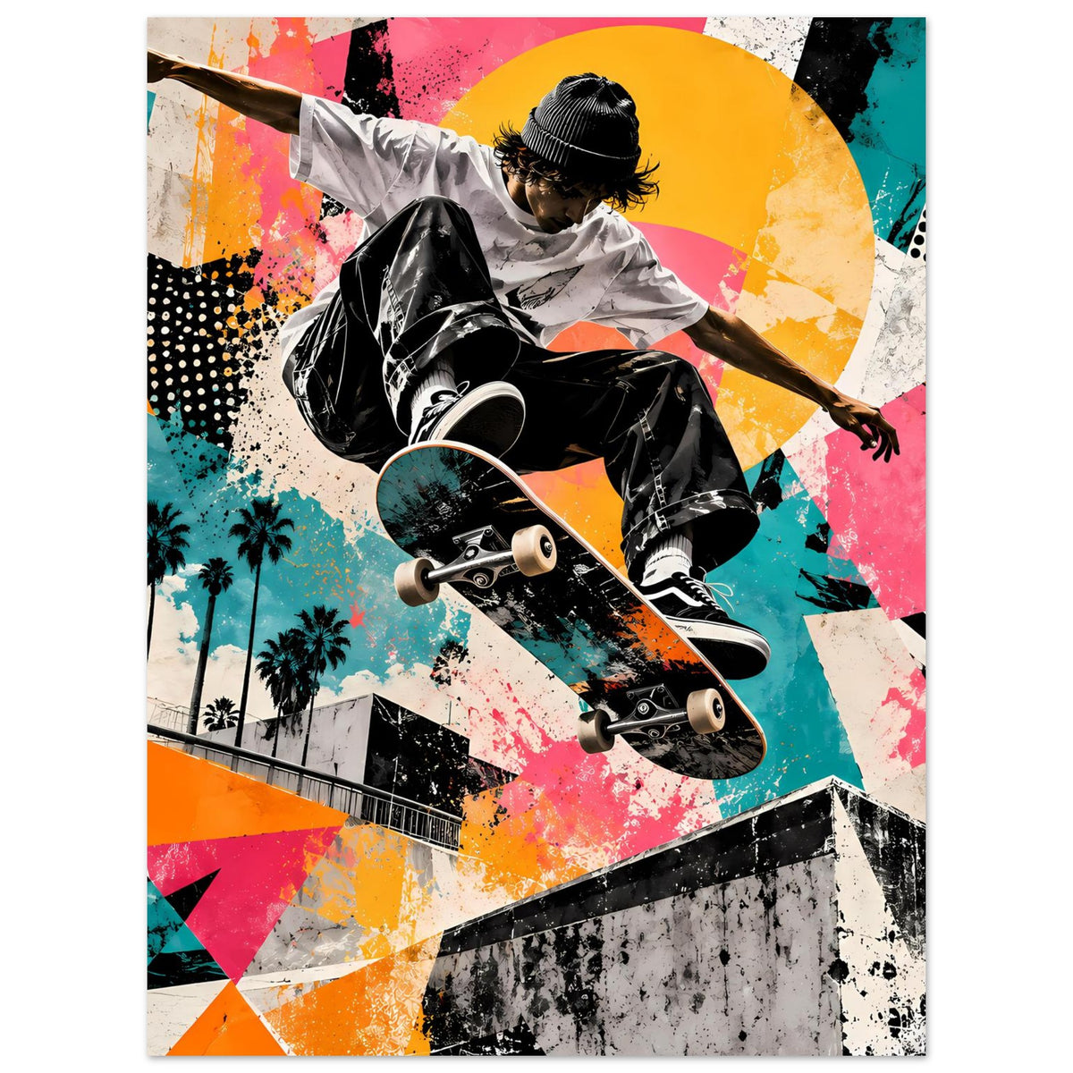 Street-Art-Poster mit Skateboarder auf dem Brett, schwarz-weiß, leuchtende Neon-Grafikelemente.