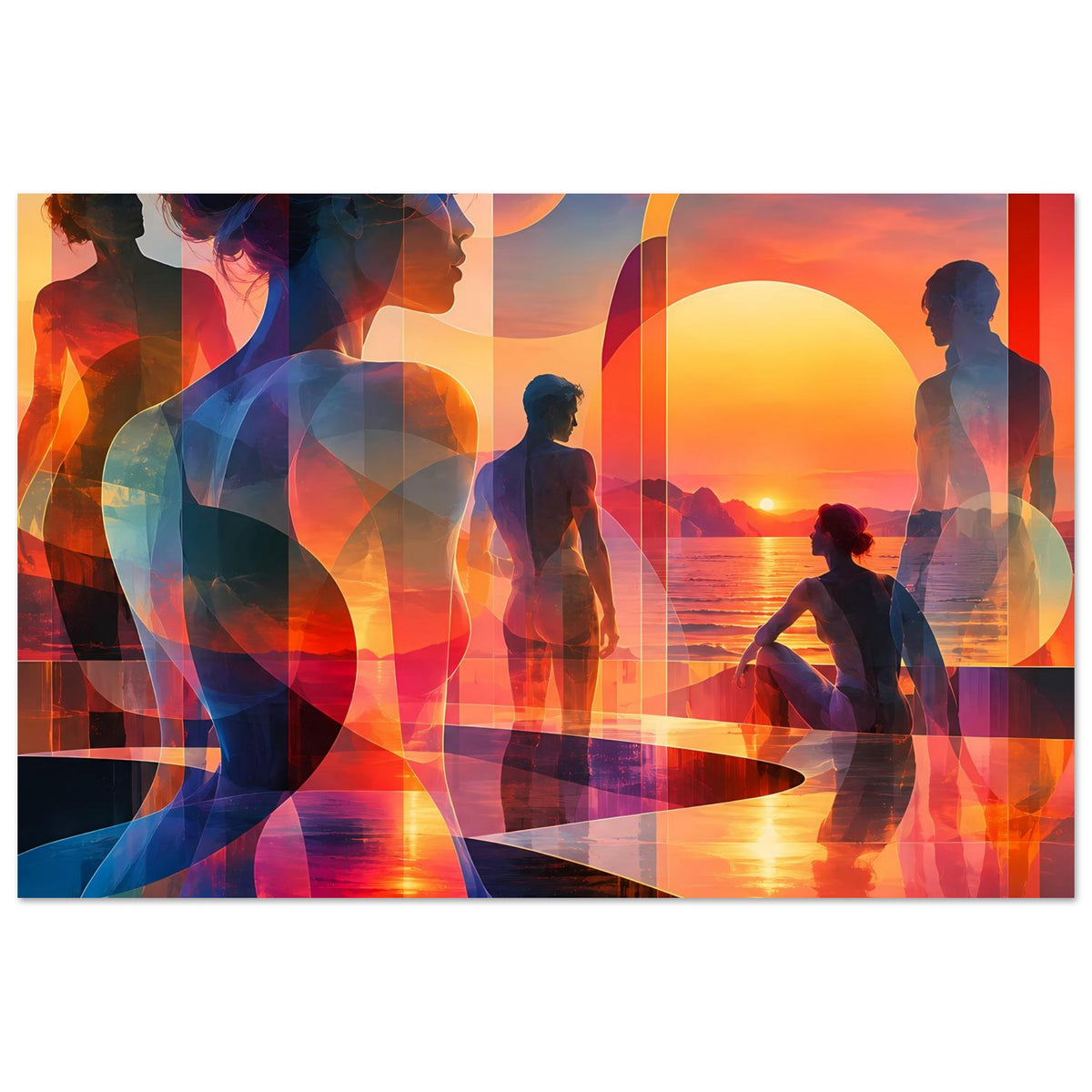 Breitformatiges Kunstposter: abstrakter Sonnenuntergang in Orange/Blau mit menschlichen Silhouetten