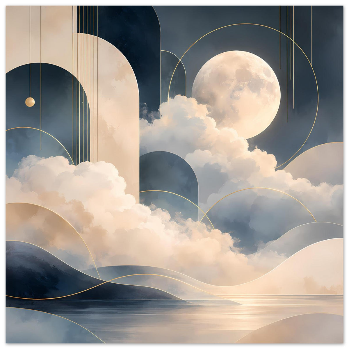 Mondlandschaft-Poster mit großem Mond, Wolken und goldfarbenen Konturen über ruhigem Wasser