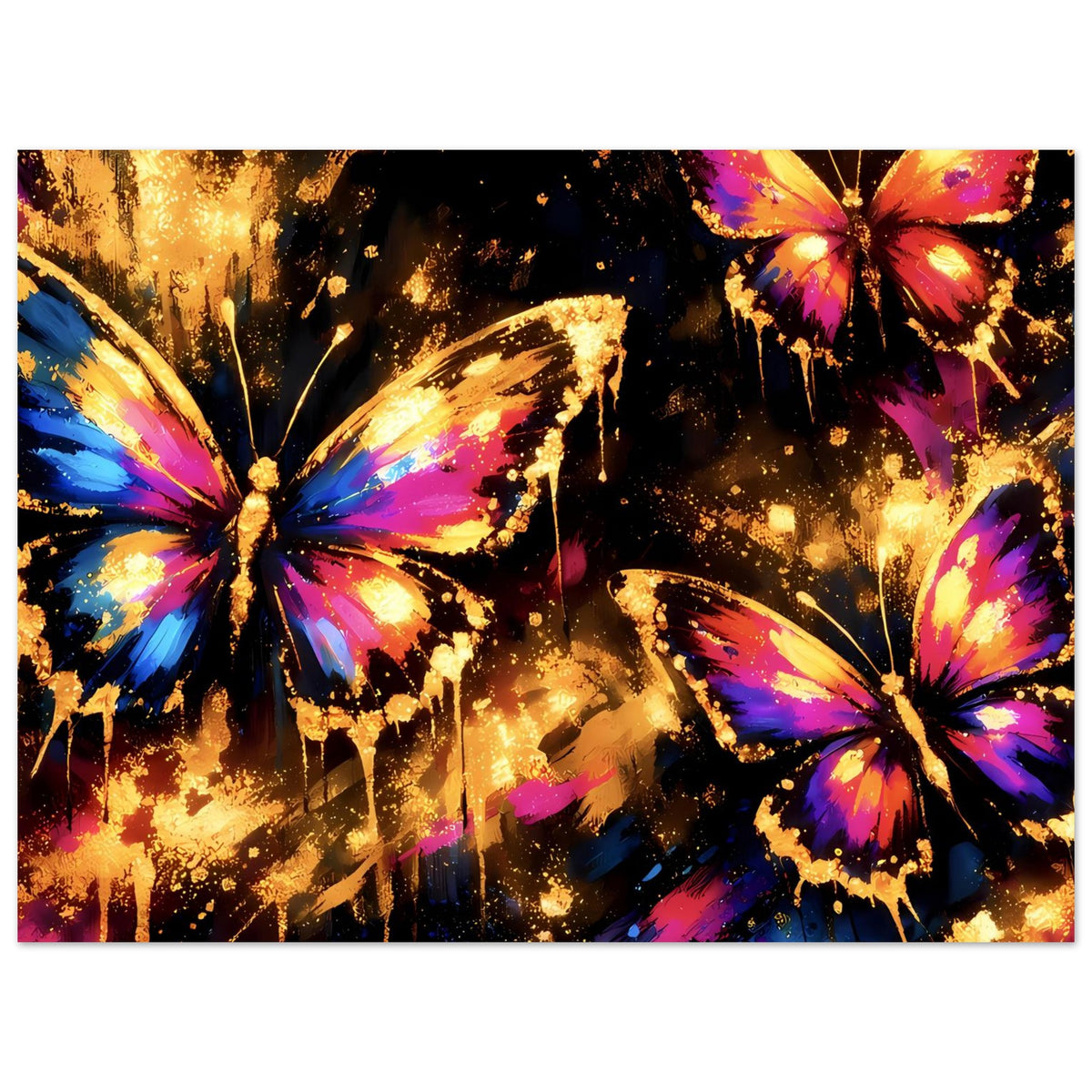 Querformatiges Kunstposter: bunt leuchtende Schmetterlinge in Pink, Lila und Blau