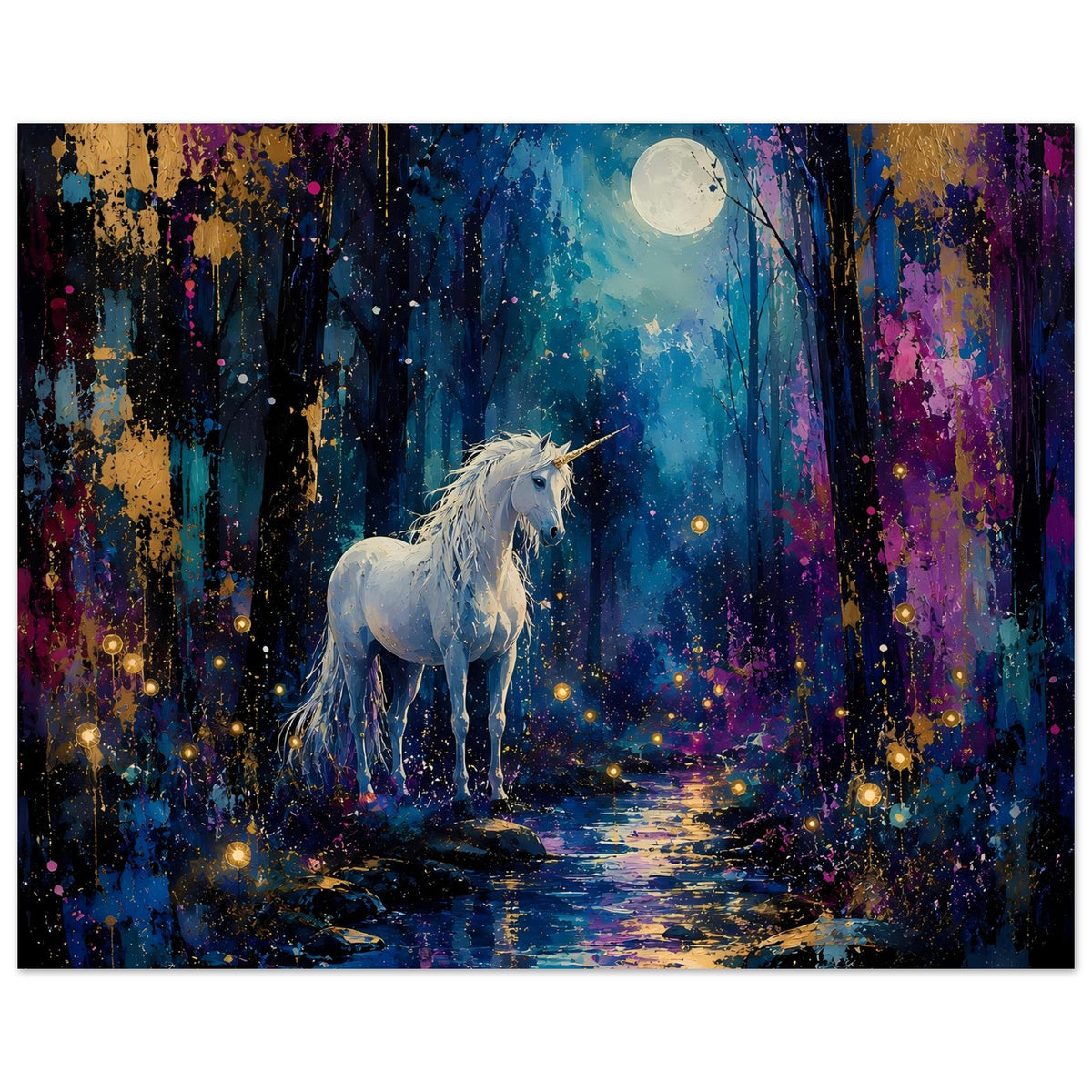 Einhornposter mit silbernem Einhorn im Nachtwald, Mond im Hintergrund und Lichtpunkten