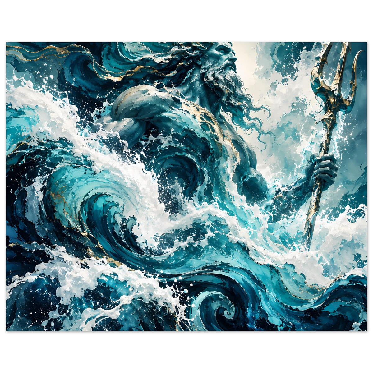 Poster mit Poseidon/Ozean-Gott und Meereswellen, Blau-Nuancen mit goldenen Akzenten am Dreizack