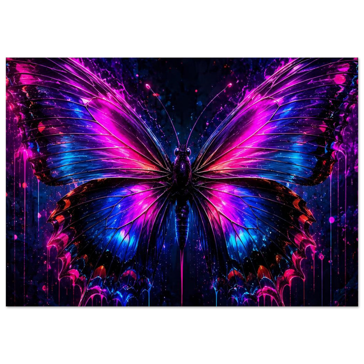 Neon-Schmetterlingsposter, großformatig: leuchtende Flügel in Pink und Blau
