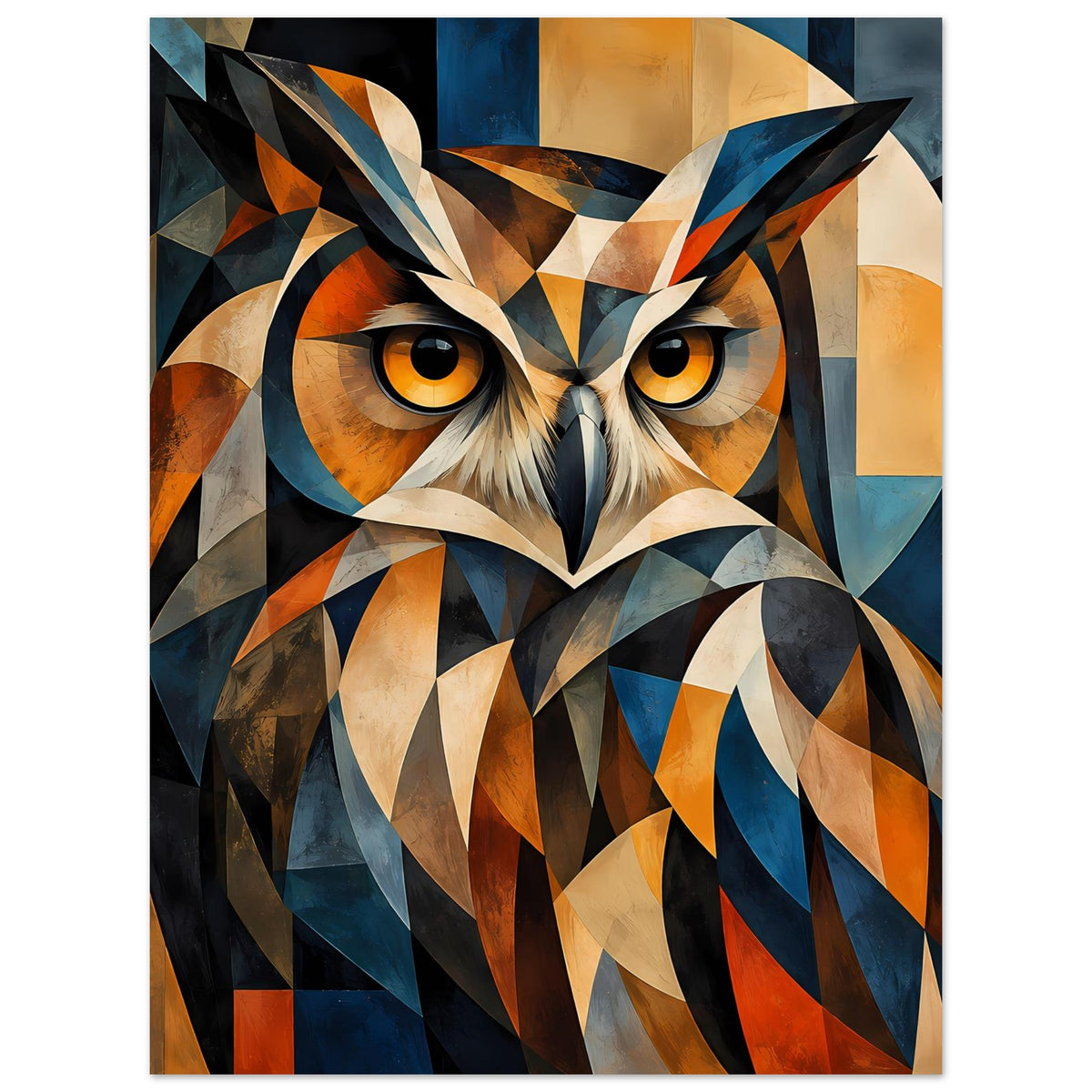 Geometrisches Eulenposter mit Vogelkopf und Federstil aus geometrischen Farbbahnen