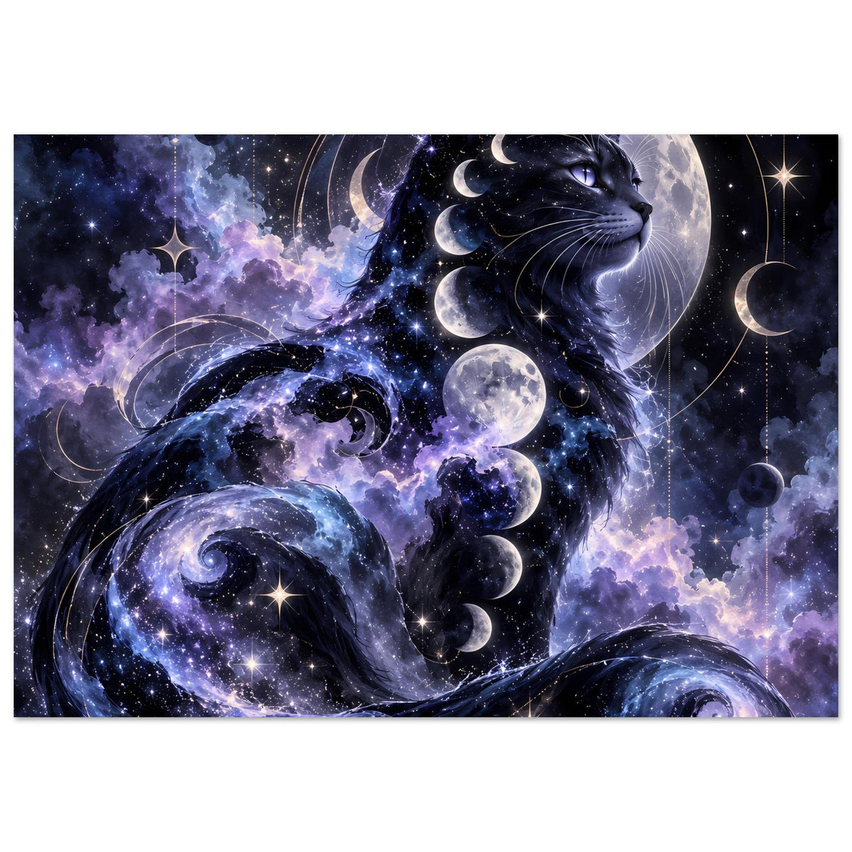 Poster mit schwarzer Galaxien-Katze, Monden und Sternen im kreisförmigen Mond-Design.