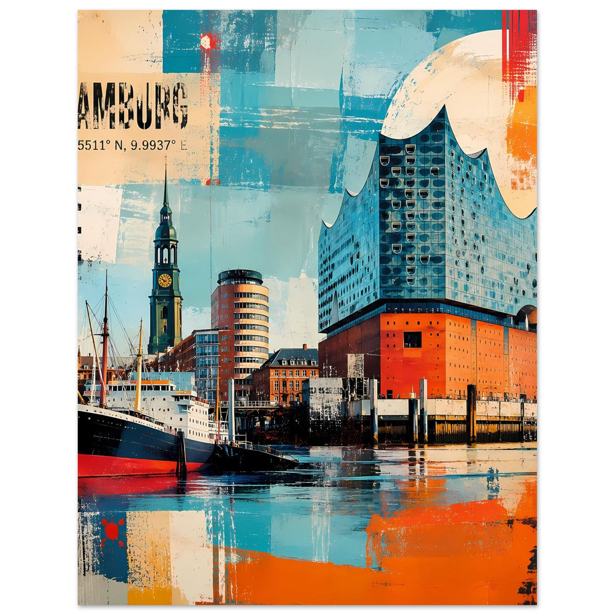Poster mit Hamburger Hafen und Elbphilharmonie, türkis-orange Collage, vertikal