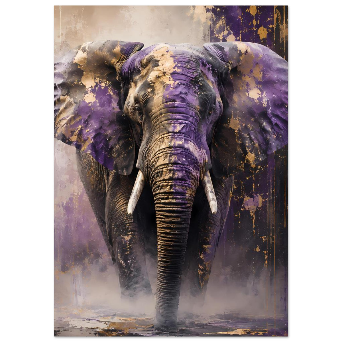 Abstraktes Elefantenposter mit violettem Fell, goldenen Spritzern und Rüssel im Vordergrund