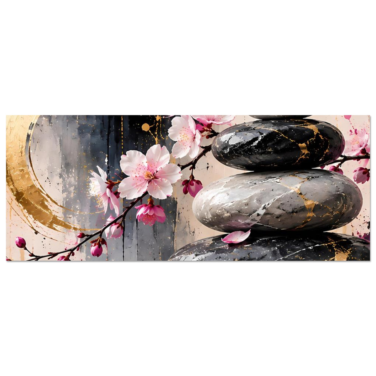 Zen-Poster im Querformat mit Kirschblüten, goldenen Akzenten und Massage-Steinen