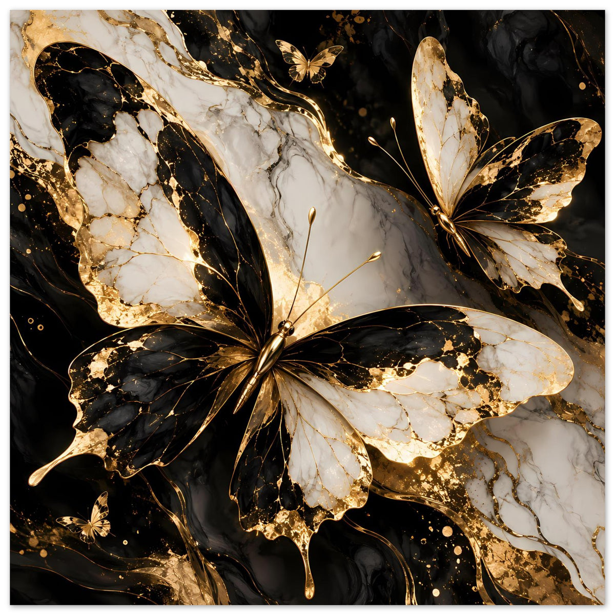 Schmetterlings-Naturposter: goldene Ornamente, schwarze Flügel und helles Marmormuster im Motiv