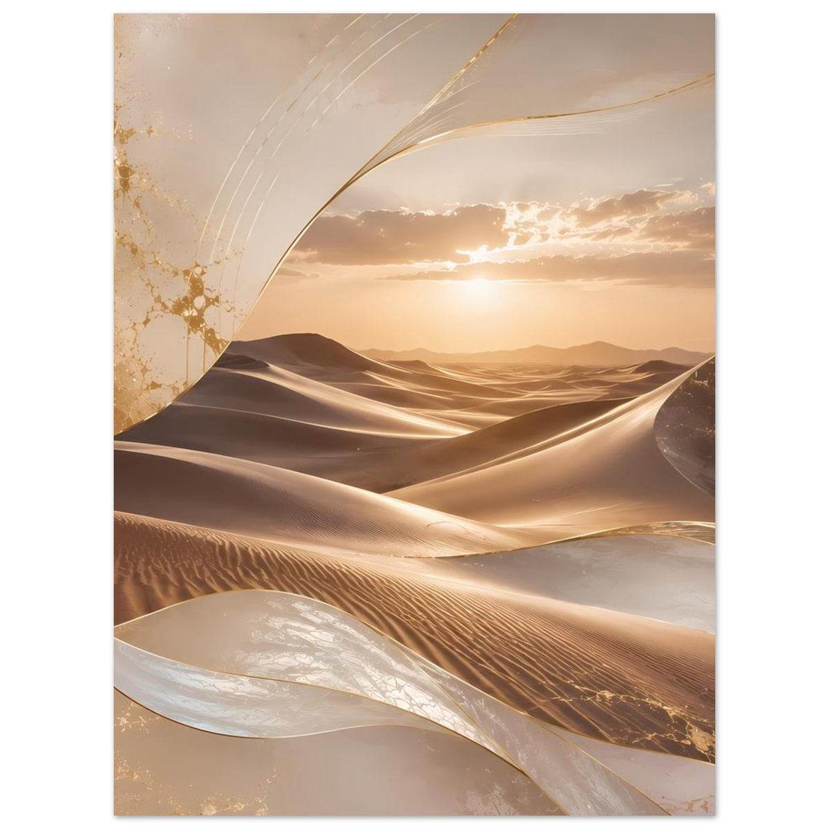 Wüsten-Poster mit gebogenen Sanddünen und goldenen Akzenten im warmen Beige-Ton, vertikal