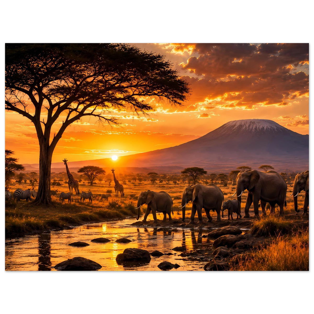 Afrika-Safari-Poster: Elefanten am Ufer, Akazienbaum links, Sonnenuntergang und Bergsilhouette.